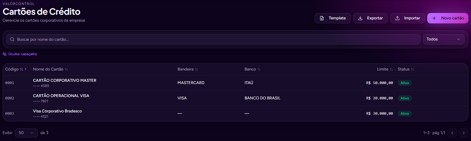 Lista de cartões