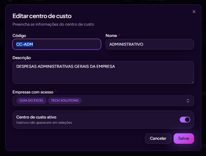 Editar centro de custo