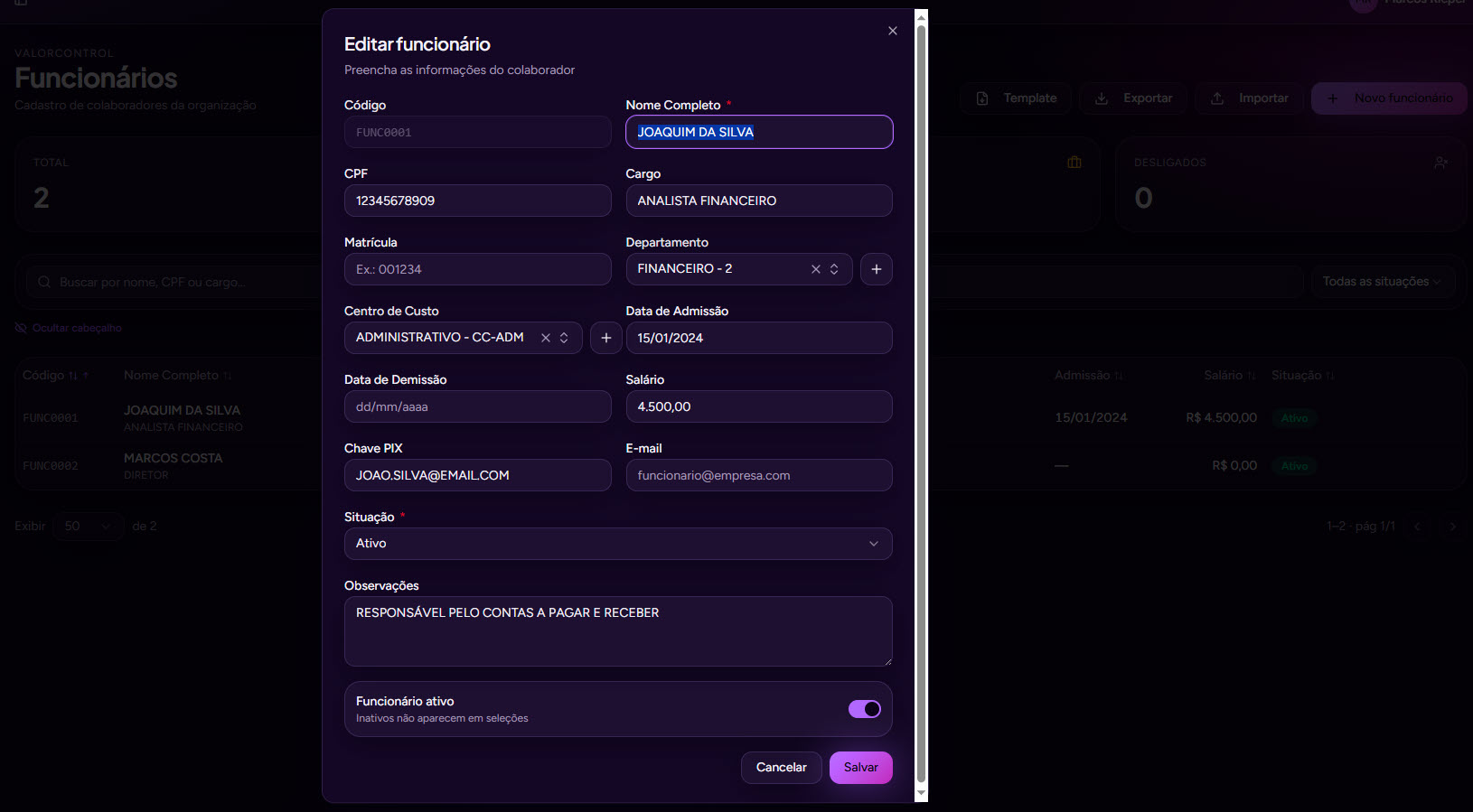 Editar funcionário
