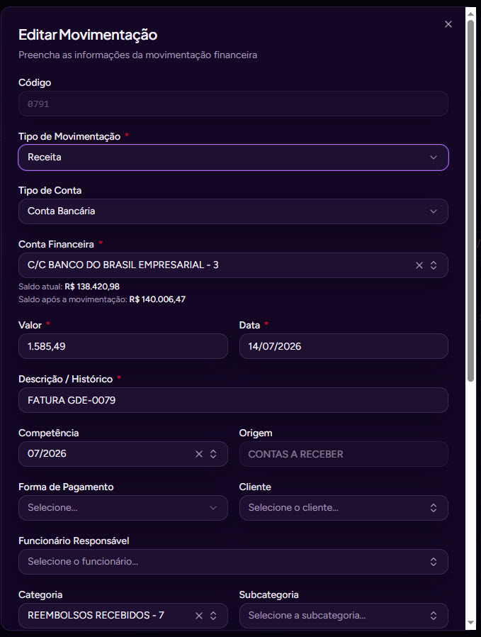 Editar Movimentação